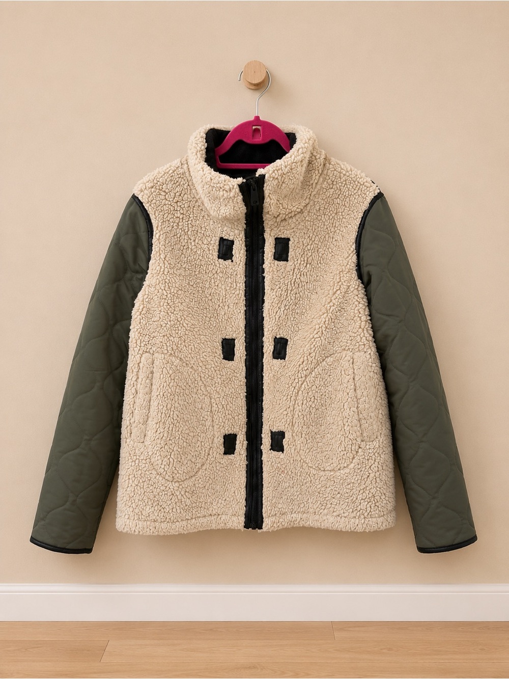 Anthropologie (NVLT) Cream Sherpa Jacket with Olive Quilted Sleeves